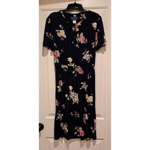 Willow Ridge Navy Blue Floral Midi Dress Vintage Women's Size 12P Made USA